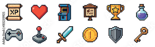 Set of colorful pixel art video game icons featuring a sword, heart, coin, controller, potion, and trophy in a classic retro 8-bit aesthetic for user interface design
