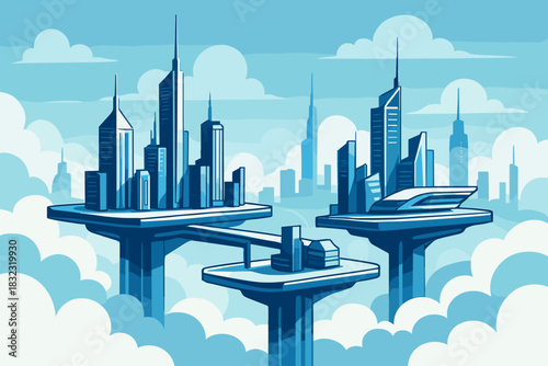 Futuristic floating cityscape with skyscrapers above the clouds