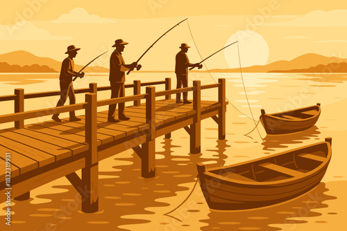 Vintage-style illustration of men fishing from a dock at sunset