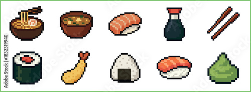 Pixel art Japanese food icon set featuring ramen, sushi, onigiri, and tempura in a retro 8-bit video game style illustration for graphic design elements