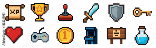 Colorful collection of pixel art video game icons featuring a sword, shield, heart, coin, key, and potion for a retro 8-bit gaming theme