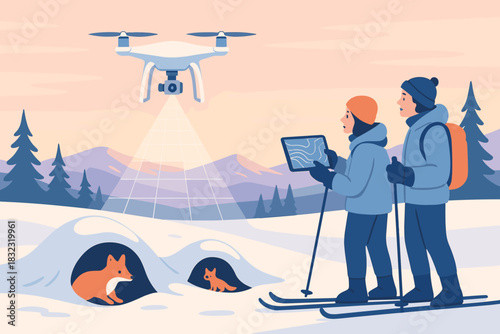 Skiers using drone to spot foxes in snowy mountain landscape