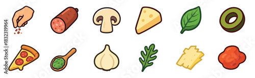 Set of colorful cartoon pizza icons showing ingredients like pepperoni, mushroom, cheese, basil, olive, garlic, and tomato sauce for a pizzeria menu or recipe