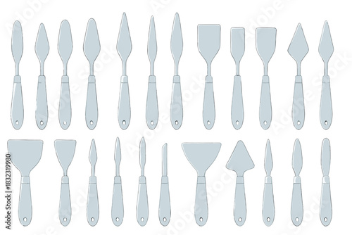 Set of various metal palette knives and painting spatulas