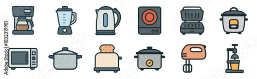 Set of colorful kitchen appliance icons featuring a coffee maker, blender, kettle, toaster, and microwave oven, illustrated in a simple, modern, filled-outline vector style