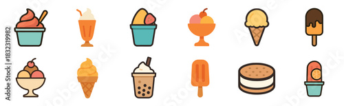 Colorful collection of various ice cream and frozen dessert icons in a flat graphic style, featuring cones, sundaes, popsicles, milkshakes, and an ice cream sandwich