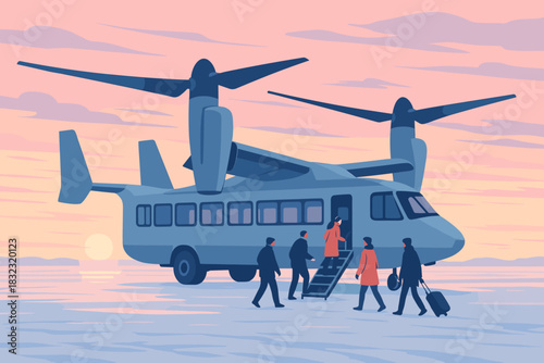 Passengers boarding tiltrotor aircraft at sunrise