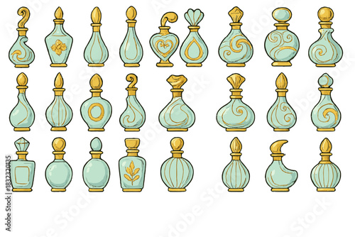 Seamless pattern of ornate glass perfume bottles with gold accents