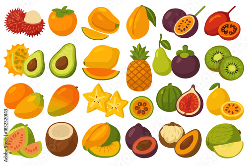 Colorful seamless pattern of tropical fruits on warm gradient