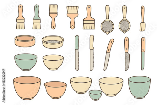 Seamless pattern of baking tools and utensils in pastel tones
