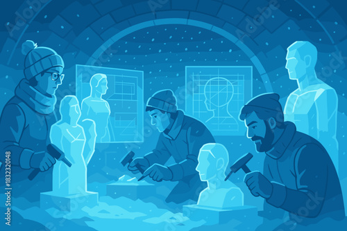Artists carving ice sculptures in snowy winter workshop