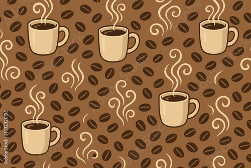 Seamless coffee cup and bean pattern with steam swirls