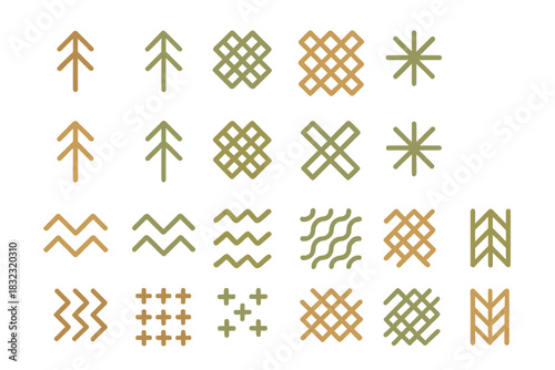 Geometric tribal pattern icons set on warm gradient background