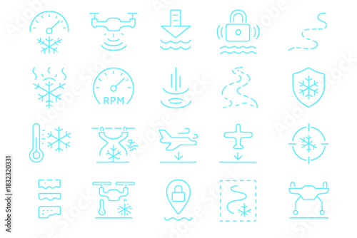 Neon blue drone and winter flight icon set with tech style