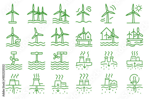 Green energy and power plant icon set with eco-friendly theme