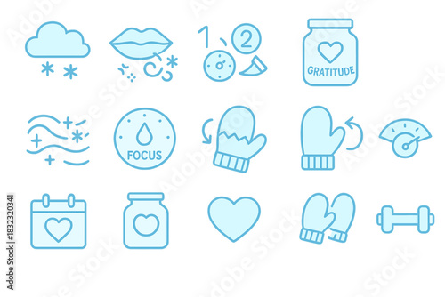 Wellness and mindfulness icon set with soft blue glow effect