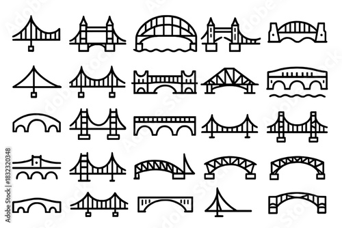 Set of black line bridge icons with architectural variety