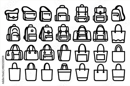 Set of minimalist bag and backpack line icons