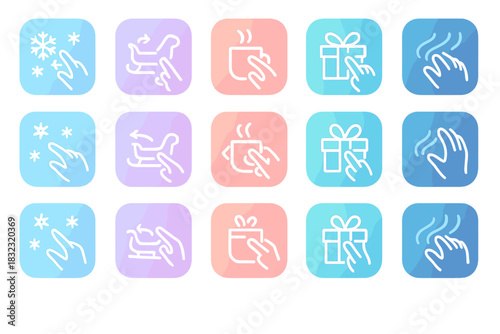 Winter-themed gesture icons set with pastel gradient backgrounds