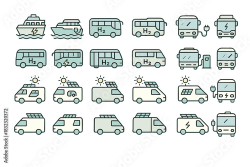 Icon set of eco-friendly vehicles including electric, solar, and hydrogen