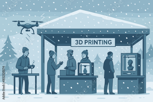 People exploring 3D printing and drone tech at snowy outdoor booth
