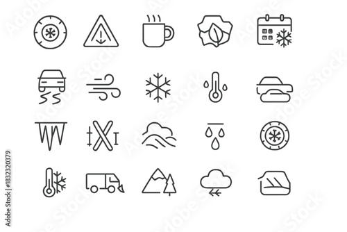 Set of winter weather and road condition icons