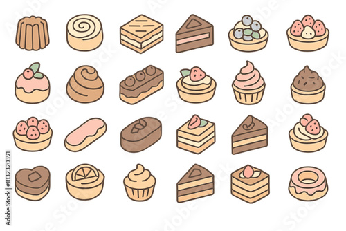Set of hand-drawn dessert and pastry icons on brown background