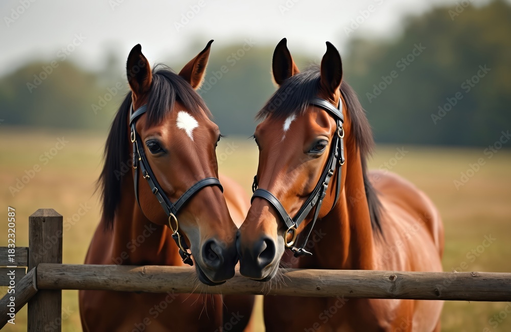 Obraz premium Two brown horses stand side by side near a wooden fence. The animals wear bridles against field backdrop. Their heads touch. Equine concept.