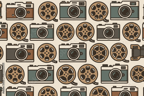 Seamless pattern with retro cameras and film reels