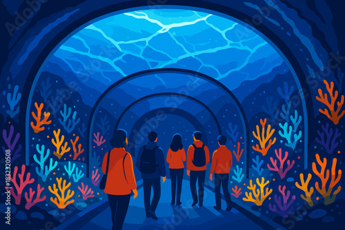 People walking through underwater tunnel in aquarium