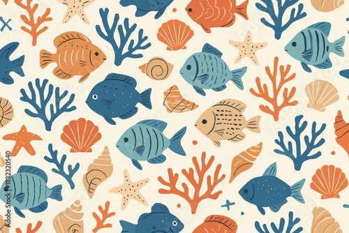 Seamless marine pattern with colorful fish, coral, and seashells