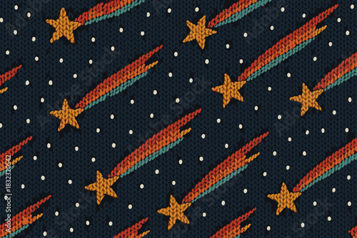 Knitted pattern with shooting stars and dotted night sky
