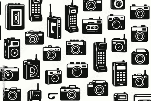 Seamless pattern of retro tech icons including cameras and phones