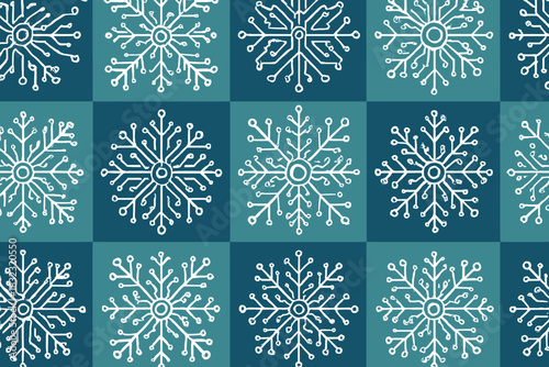Seamless pattern of tech-inspired snowflakes on blue tiles