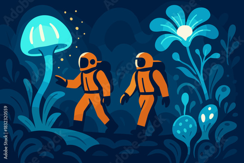 Astronauts exploring glowing alien jungle with bioluminescent plants