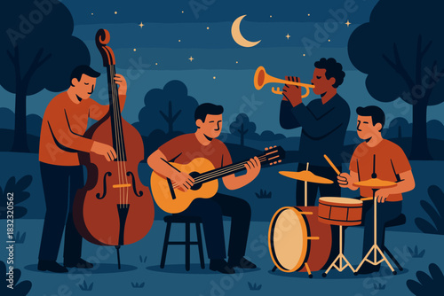 Jazz band playing music outdoors under night sky