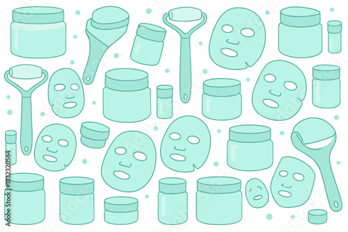 Seamless pattern of skincare tools, face masks, and cream jars