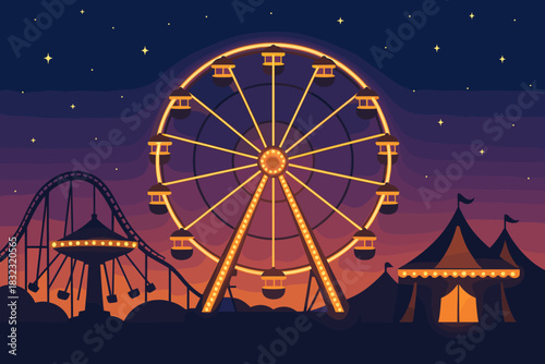 Night carnival scene with Ferris wheel and circus tents