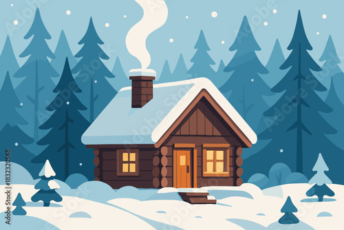 Cozy log cabin in snowy winter forest with smoke from chimney