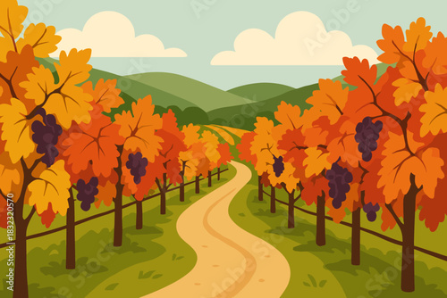 Autumn vineyard landscape with grapevines and dirt road
