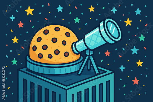 Cartoon observatory with telescope and starry night sky
