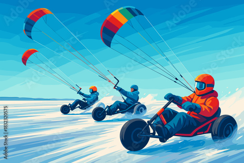 Winter snowkiting race with three riders on land kites