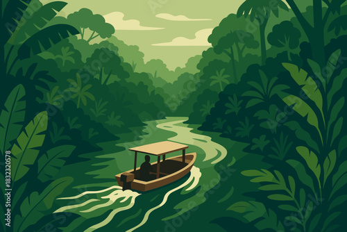 Person boating through tropical jungle river at sunset