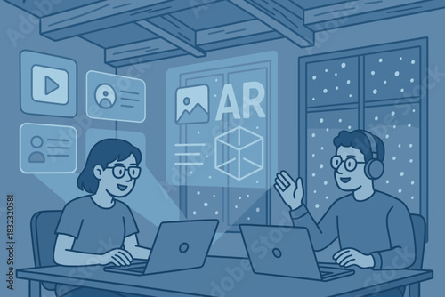 AR collaboration between two people using laptops indoors