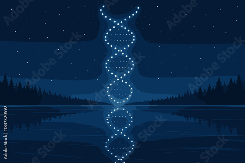 DNA helix drone light show over lake at night