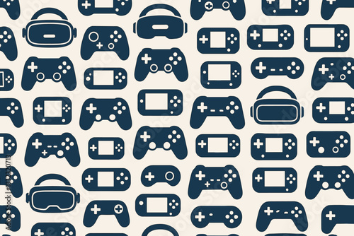 Seamless pattern of video game controllers and VR headsets in navy blue