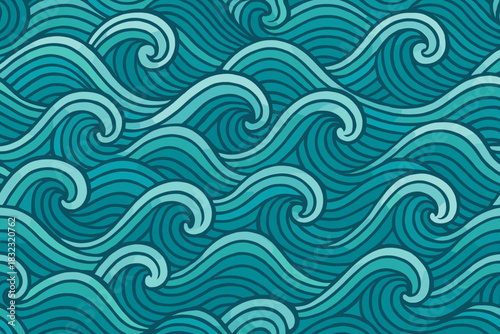Seamless stylized ocean wave pattern in blue tones