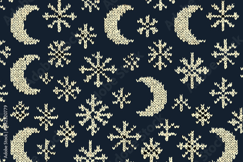 Knitted seamless pattern with moons and snowflakes on dark background