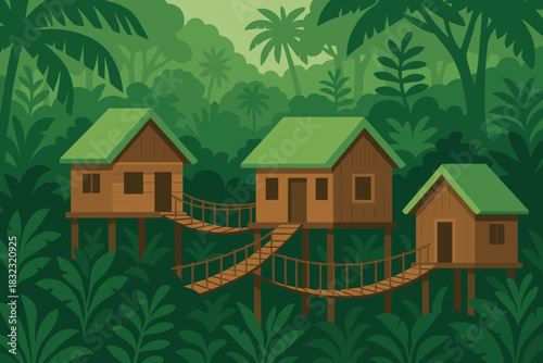 Treehouse village in tropical jungle