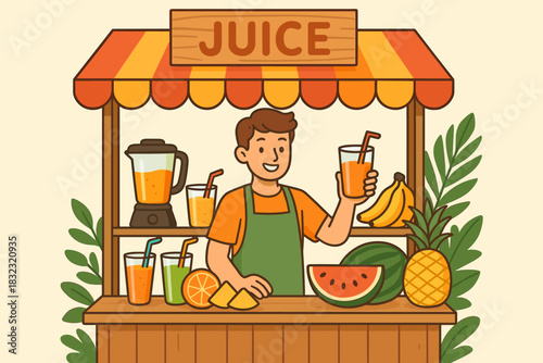 Colorful tropical juice stand with fresh fruit and blender